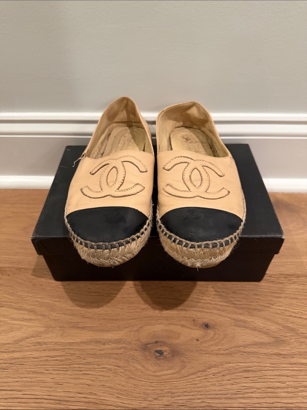 CHANEL Beige and Black Leather Espadrille Flats with Logo